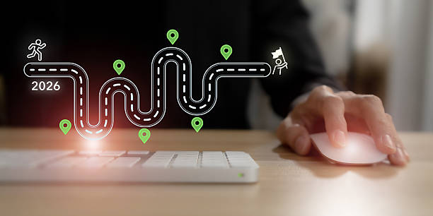 istock 2026 success roadmap, business planning and development concept. Road map marked with milestones and a flag finish, symbolizing planning, digital growth and achieving 2026 goals. 2242334809