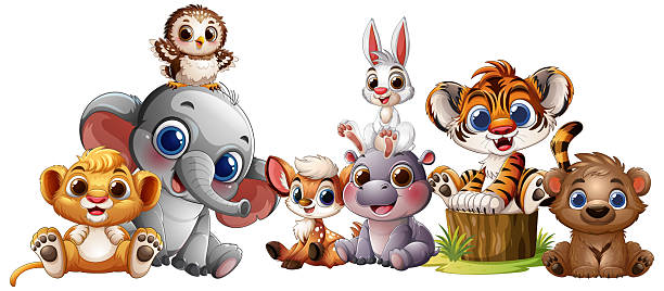 Adorable baby animals in cartoon vector style, bright colors, white background, playful composition