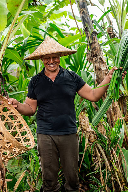 istock Smiling Farmer Harvesting Palm Leaves With Woven Basket 2242346182