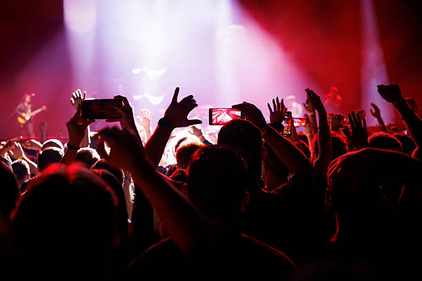 Crowd cheering at rock concert under stage lights