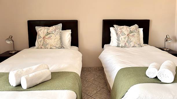 Two made beds in a hotel room await guests.