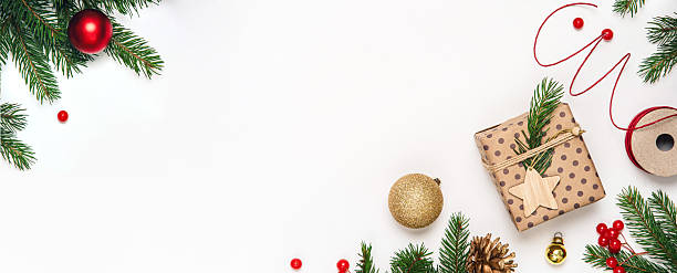 istock Christmas eco gift wrapping flat lay with copy space 2242357854