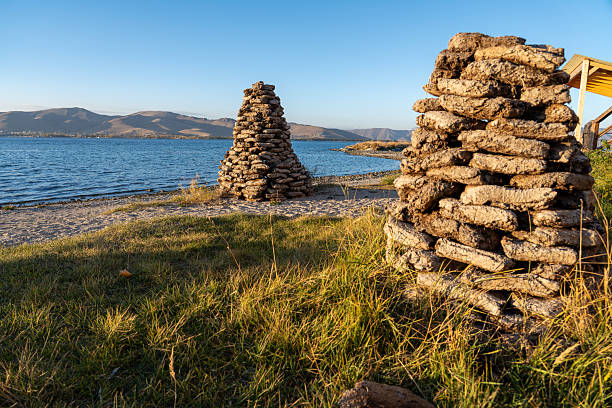 istock Ingenious fuel storage: Dried manure bricks stacked artistically near a mountain lake 2242361037