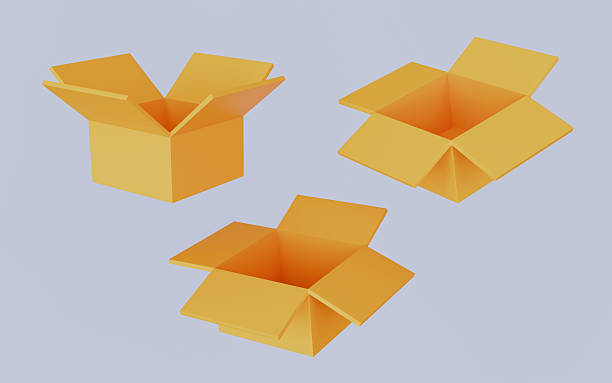 istock Open cardboard box 3d icon set, Cartoon parcel mockup template, Brown paper delivery package 2242362296