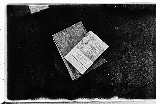Abstract black and white photograph showing a rough, weathered surface with visible film grain and texture.