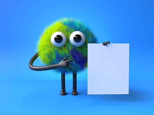 istock Fluffy, cute monster holds a blank sign. 2242377236