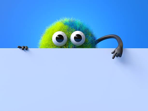 Fluffy, cute monster holds a blank sign, symbolizes information and advertising display. 3D rendering, conceptual image. Isolated on white background.