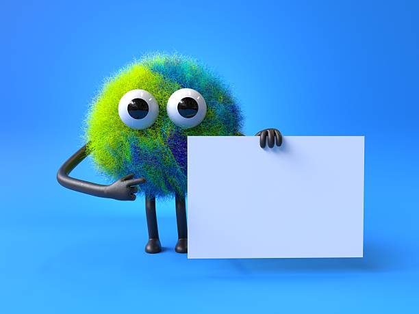 istock Fluffy, cute monster holds a blank sign. 2242377294