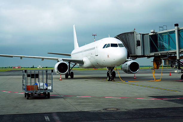 istock Charter airline airplane preparing for flight on airport runway with connected jet boarding bridge 2242386888