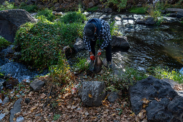 Man Collecting Litter in a Forest Park During Fall – Environmental Awareness and Volunteering