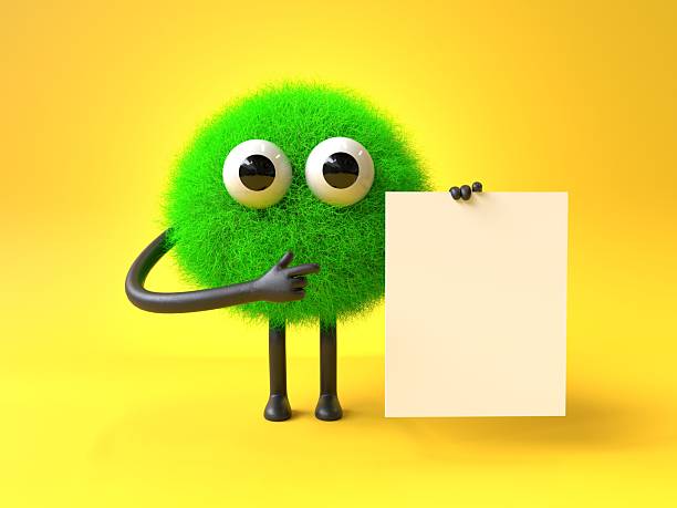 istock Fluffy, cute monster holds a blank sign. 2242393110
