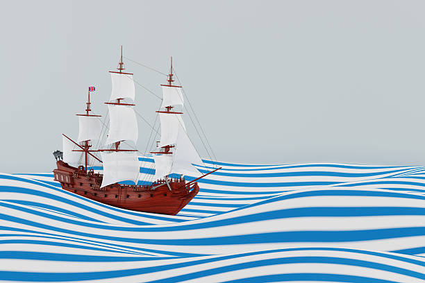 Exploration And Adventure Concept. Classic Wooden Sailing Ship On Stylized Blue And White Waves Extreme Closeup. 3d Rendering