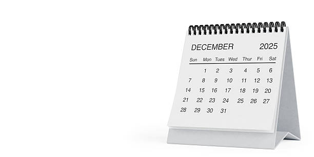 White Desk Monthly December 2025 Business Calendar on a white background. 3d Rendering