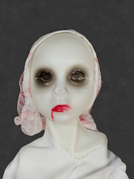 istock Creepy doll with ghostly features and blood red lips in a dark setting 2242404478