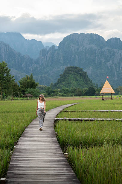 istock Woman walking on boardwalk through rice fields in laos 2242405198