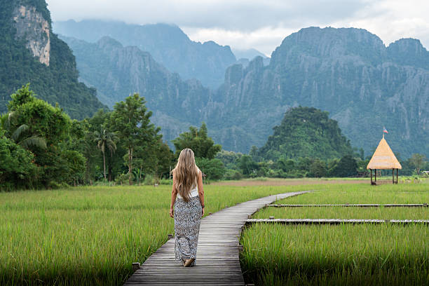 istock Woman walking on boardwalk through rice fields in laos 2242405204