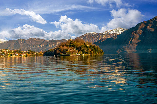 istock SEVERAL TREES (TOPIARY) andd pillar in the water for mooring on lake como 2242405312
