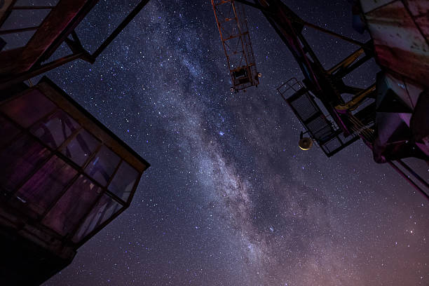 The Milky Way stretches across the night sky above old industrial cranes and steel structures. The contrast between decaying machinery and the vast universe creates a surreal and atmospheric scene, highlighting the coexistence of human history and cosmic beauty.