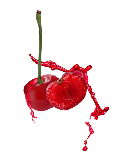 istock Fresh cherries and splashing juice in air against white background 2242425163