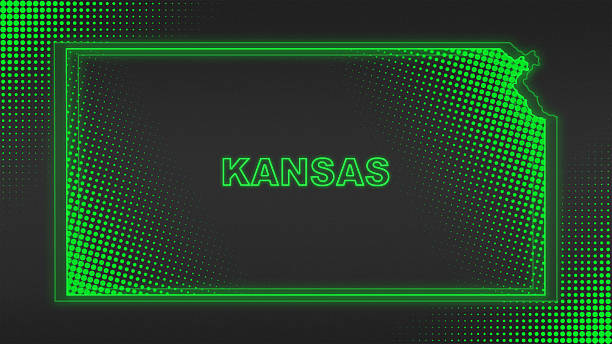 istock Neon Green Kansas Map Outline Futuristic Digital Glow Halftone Illustration 2242433304