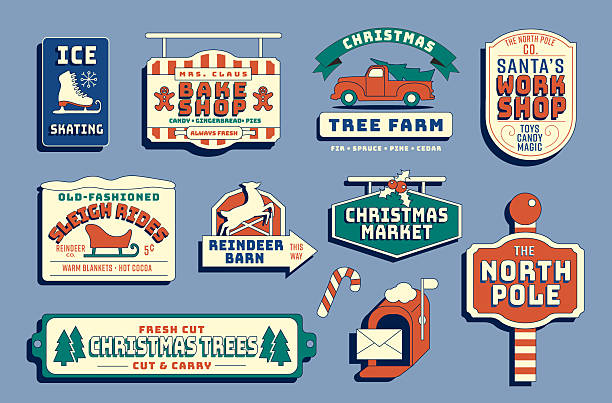 Vector illustration of a Christmas and Holiday label design set with assorted retro holiday signs Tree Farm, Sleigh Rides, Santa's Workshop, Mrs. Claus Bakery, Reindeer Barn, Christmas Market. Retro outline style. Assorted Holiday greetings, phrases and sayings. Includes fully editable vector eps and high resolution jpg in download.