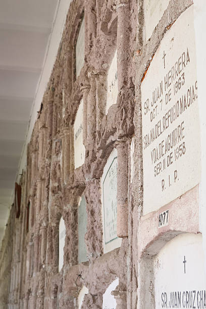Encarnacion de Diaz, Jalisco Mexico - December 29th, 2024 - Rows of old wall gravestones line a corridor in a cemetery, displaying inscriptions in Spanish. The markers are set within a textured stone or concrete framework, showing signs of age and weathering. Each gravestone features names, dates, and \
