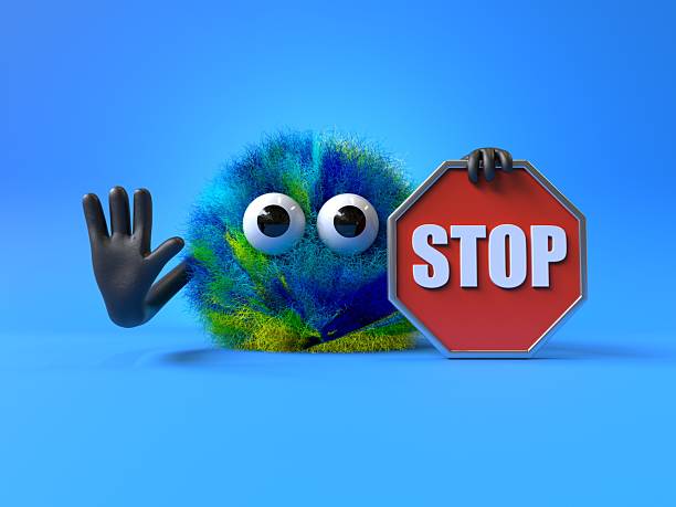 Fluffy, cute monster holding a stop sign, symbolizing caution or halting. 3D rendering, conceptual image. Isolated on white background.