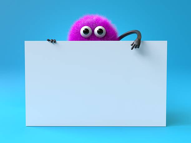 istock Fluffy, cute monster holds a blank sign. 2242487185