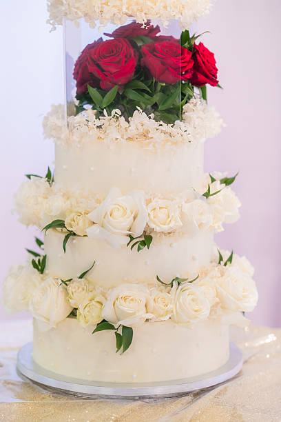 istock Beautiful white wedding cake decorated with flowers close up 2242493824