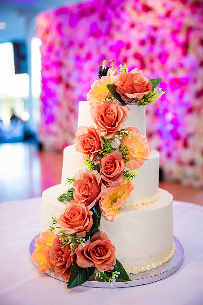 istock Beautiful white wedding cake decorated with flowers close up 2242494004