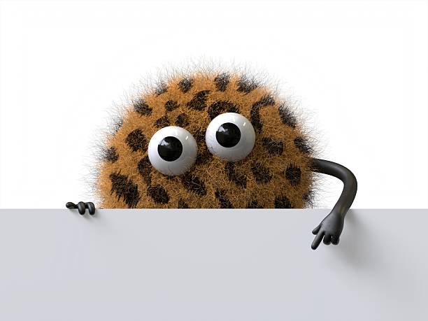 Fluffy, cute monster holds a blank sign, symbolizes information and advertising display. 3D rendering, conceptual image. Isolated on white background.
