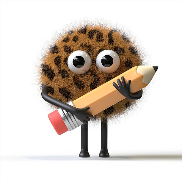 Fluffy, cute monster with a pencil, symbolizing creativity or education. 3D rendering, conceptual image. Isolated on white background.