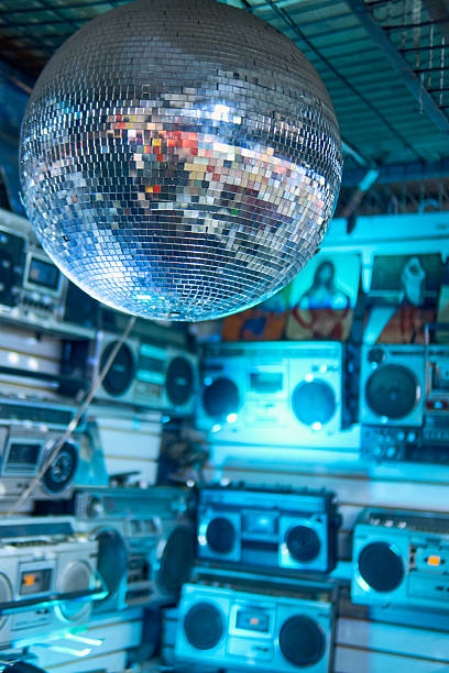 Audio product scene from the 70s and 80s. A silver disco ball lights up and a wall of vintage radios
