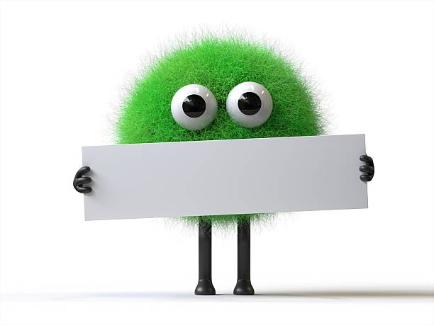 istock Fluffy, cute monster holds a blank sign. 2242498984