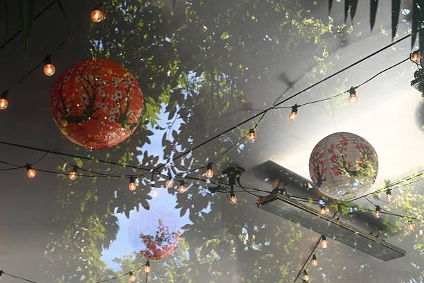 istock Dreamy Outdoor Patio with Japanese Cherry Blossom Lanterns and Glowing String Lights on a Sunny Day 2242499312