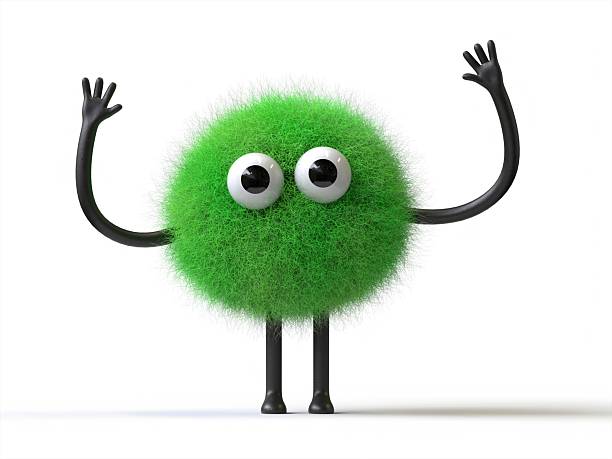 Fluffy, cute monster with raised arms, symbolizing excitement or victory. 3D rendering, conceptual image. Isolated on white background.