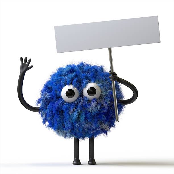 Fluffy, cute monster holds a blank sign, symbolizes information and advertising display. 3D rendering, conceptual image. Isolated on white background.