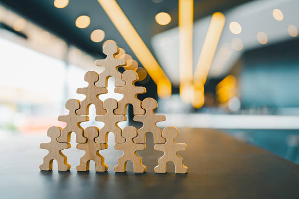 istock Wooden human figures stacked in a pyramid formation on office table, representing strong teamwork, leadership structure, support, corporate success, and modern organizational development. 2242505904