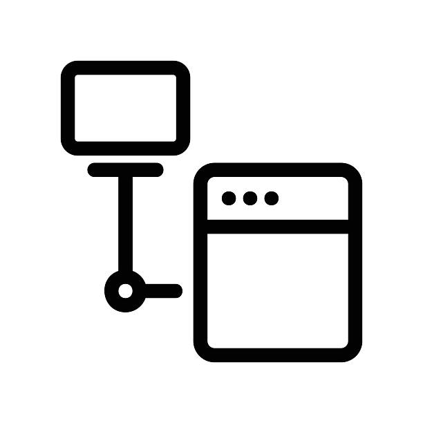 Computer Screen Connected to Server Unit Icon for Network Data Access Network Architecture Graphic Showing Terminal Connected to Server Rack big computer desk stock illustrations