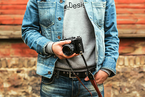 Photographer Man holds a old vintage camera