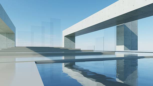 istock 3d render of abstract modern geometry architecture with empty cement floor and water, Minimal concrete building with exterior pool against blue sky background 2242512225