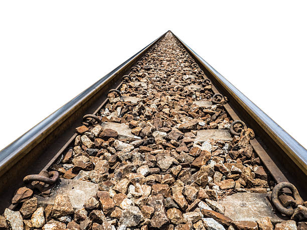 istock Rail track or railroad structure of parallel steel rails isolated on white background 2242515072