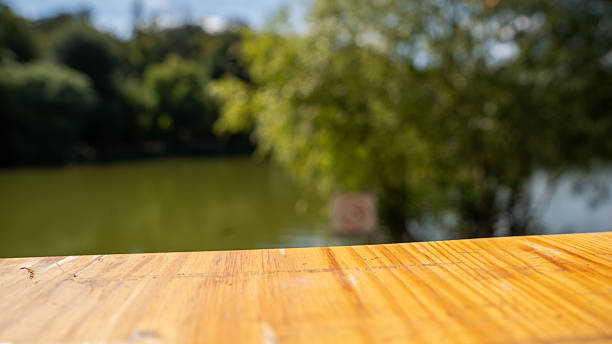 istock A serene lakeside view with a focus on a wooden surface and blurred greenery in the background. 2242515880