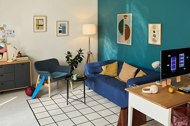 istock Modern Living Room Interior Featuring Blue Sofa and Contemporary Decor 2242519294
