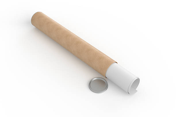 istock 3D Realistic cardboard tube mockup with cap and rolled white poster inside, isolated. Blank kraft paper tube for showcasing artwork, poster, shipping posters, artwork, documents or parcel packaging 2242520414