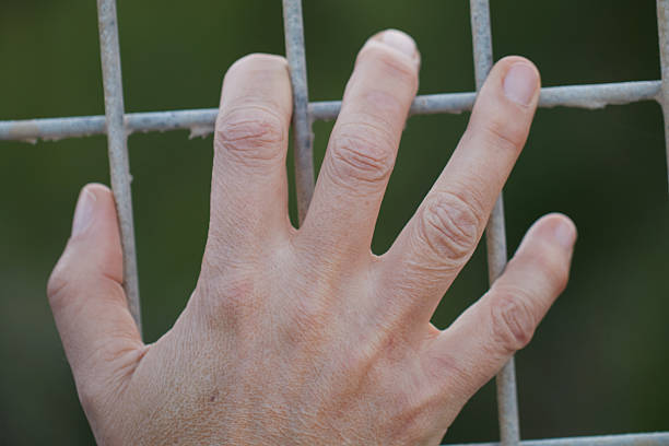 Human hand holding wire fence, symbolizing captivity, barrier, and lack of freedom
