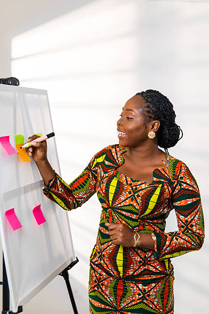 istock African woman, corporate professional, brainstorms with a whiteboard and sticky notes in the office 2242525441