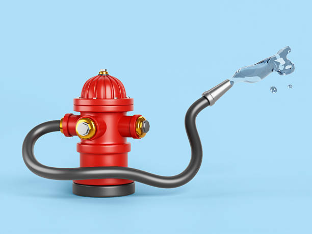 istock Fire hydrant 3d icon render. Red column with connected fire hose sprays water. City street firefighter equipment with liquid flow of drops and splashes isolated on blue background 2242525481