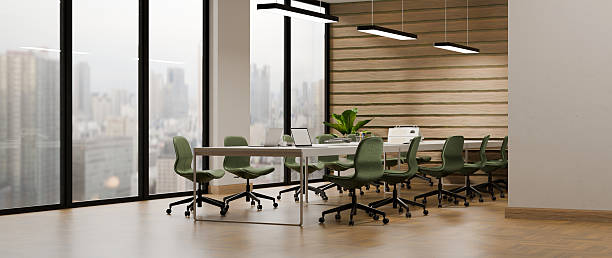 istock Modern meeting room with green chairs and panoramic city view windows 3D 2242528483