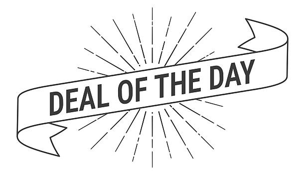 Deal of the Day. Banner, ribbon, label with a thin black outline and light rays. Trendy black and white illustration isolated on a blank background for your own design. Vector Illustration (EPS file, well layered and grouped). Easy to edit, manipulate, resize or colorize. Vector and Jpeg file of different sizes.